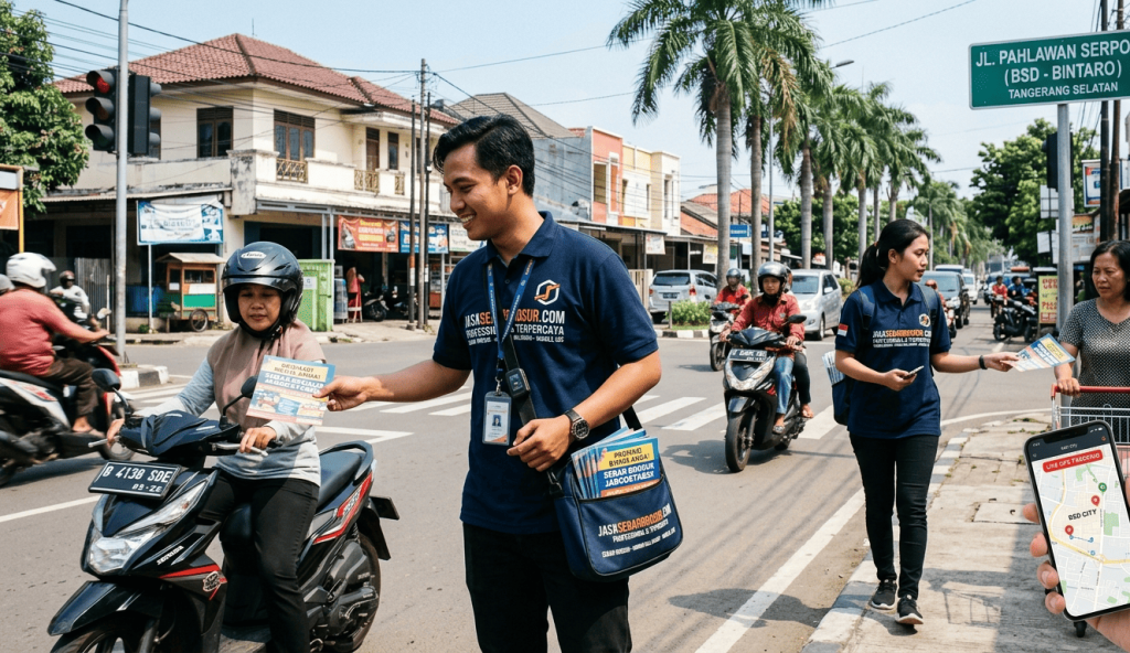 tim sebar brosur sedang membagikan brosur dipinggir jalan