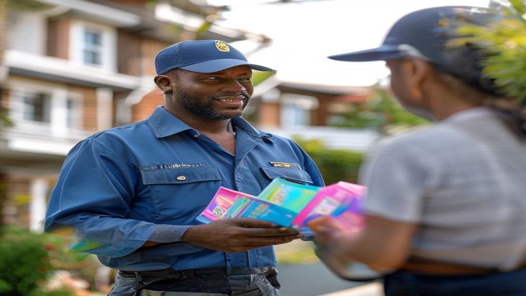 Tim profesional menyebarkan brosur door to door di area perkotaan untuk meningkatkan penjualan.