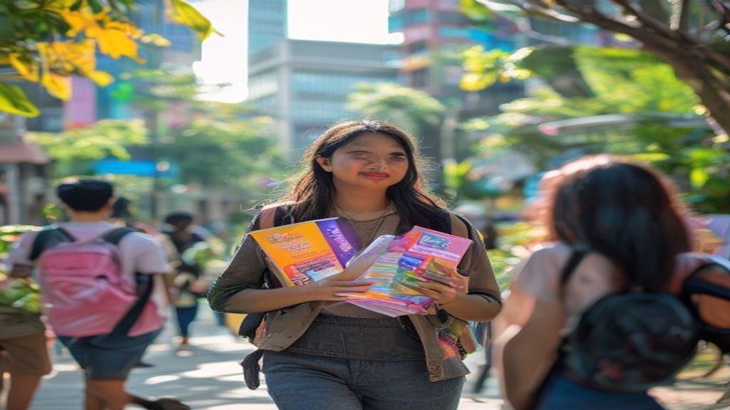 Gedung kampus modern dengan mahasiswa beraktivitas