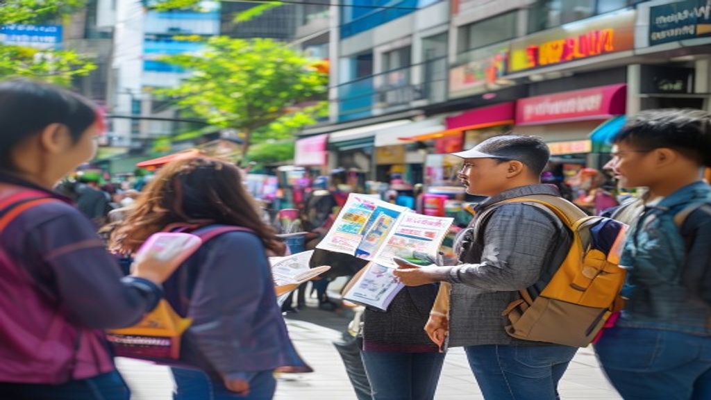 Gambar menunjukkan tim perusahaan distribusi brosur profesional mengirimkan materi pemasaran ke berbagai outlet.