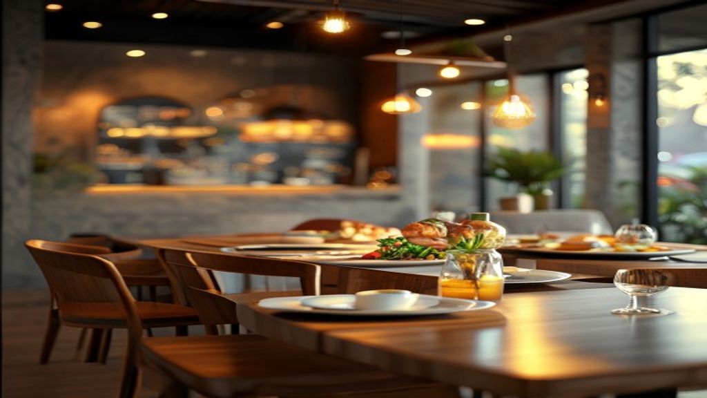 Interior modern restoran menyajikan hidangan Nusantara dengan cahaya hangat dan layanan ramah