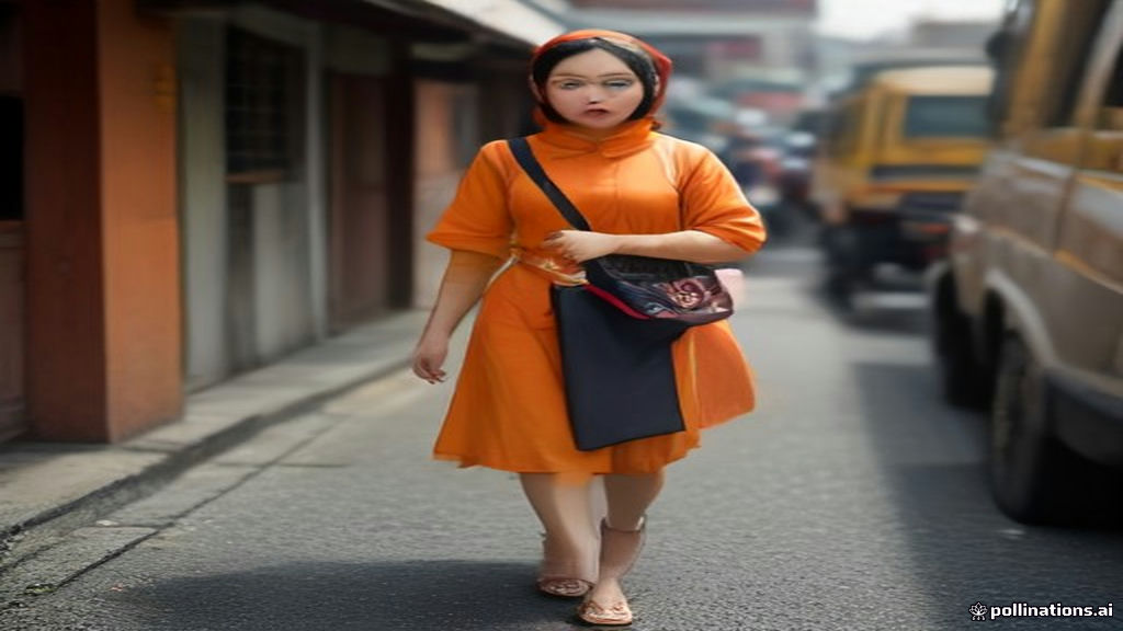 Pekerja human billboard Bekasi Timur mengenakan papan promosi berjalan di tepi jalan raya yang ramai.