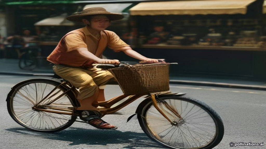 Penerangan keliling sepeda tradisional mempromosikan produk meriah di keramaian Pasar Minggu.
